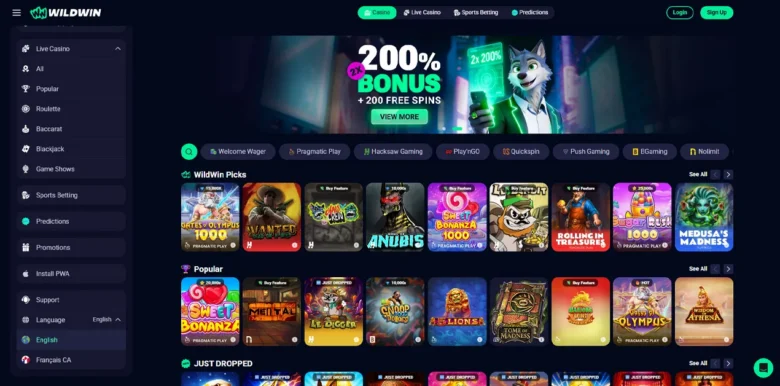 Wildwin.io Casino main webpage