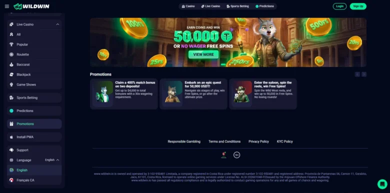 Wildwin.io Casino promotions page