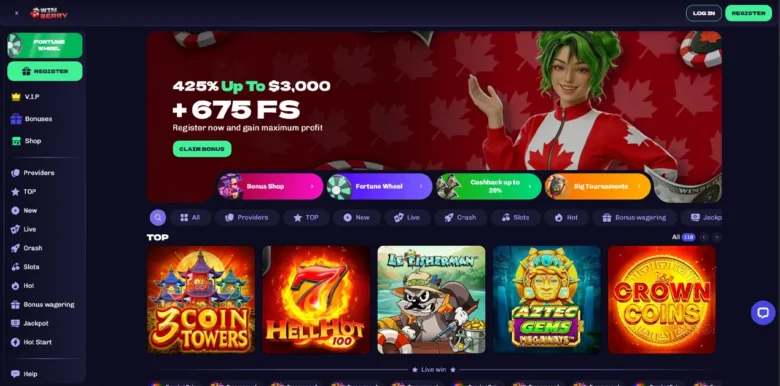 Winberry Casino main webpage