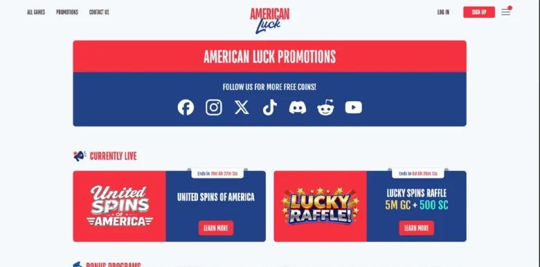 American Luck Social Casino promotions page