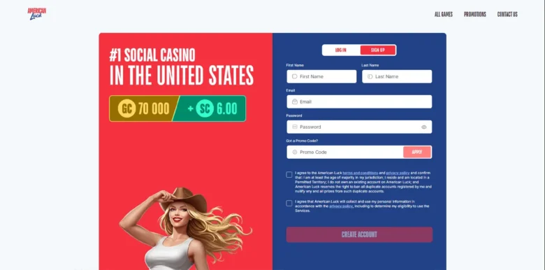 American Luck Social Casino sign up page
