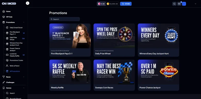 Chanced Social Casino promotions page
