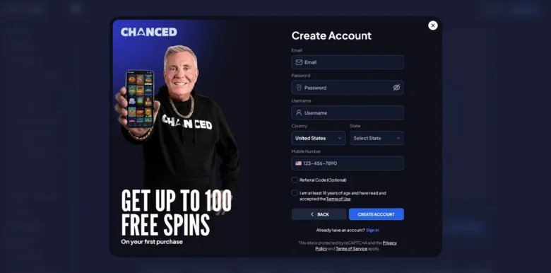 Chanced Social Casino sign up page