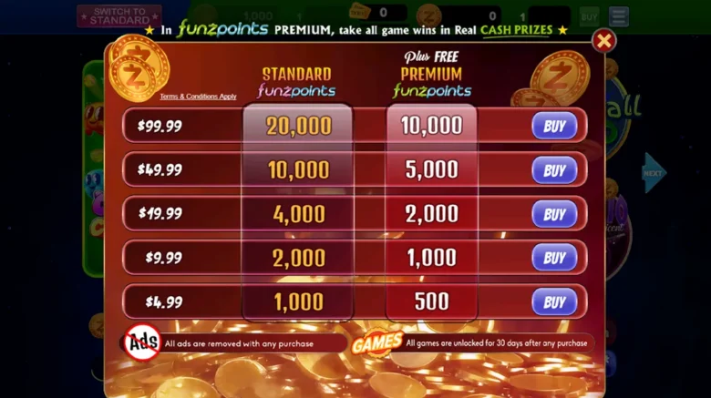 Funzpoints Social Casino deposit page
