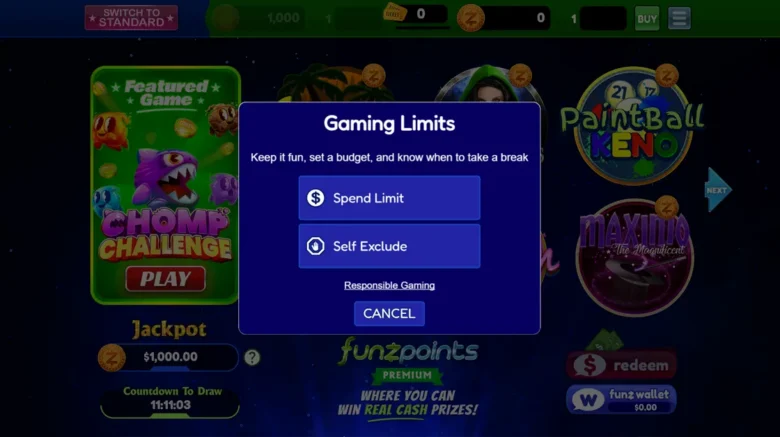 Funzpoints Social Casino gaming limits page