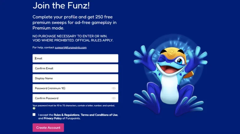 Funzpoints Social Casino sign up page