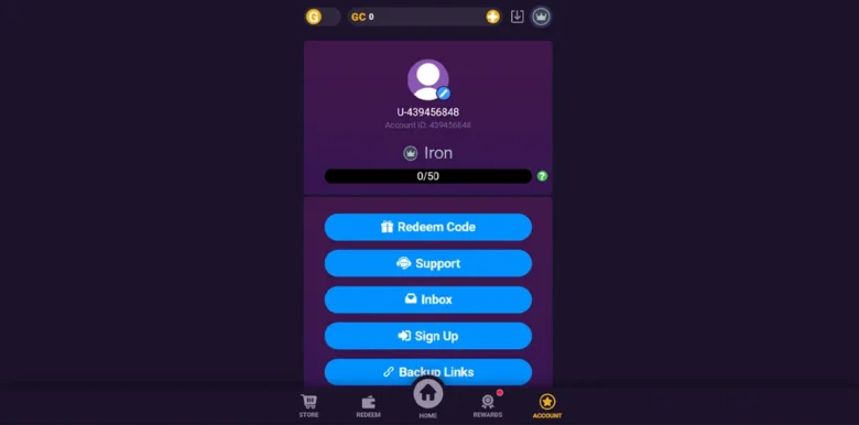 Go Go Gold Social Casino account page