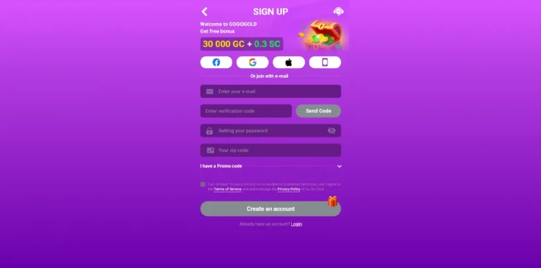 Go Go Gold Social Casino sign up page