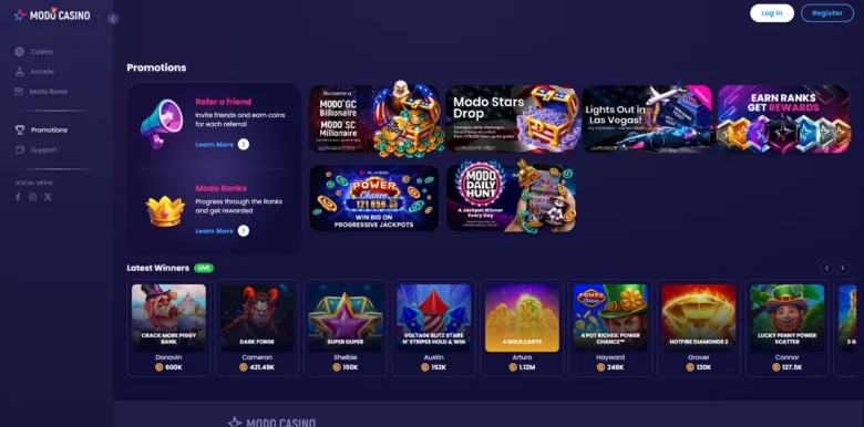 Modo.us Social Casino promotions page