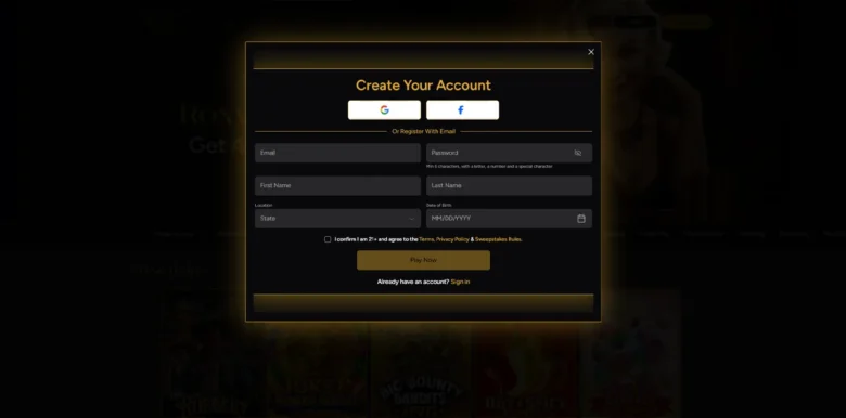 Roxy Moxy Social Casino sign up page