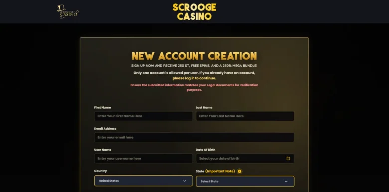 Scrooge Social Casino sign up page