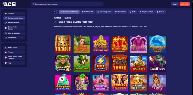 Ace Casino slots page