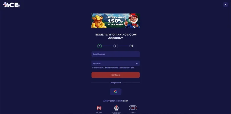 Ace Casino sign up page