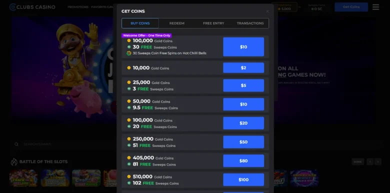 Clubs Casino deposit page