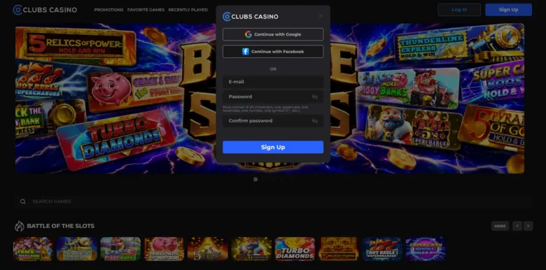Clubs Casino sign up page