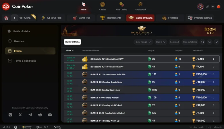 Battle of Malta Lobby on CoinPoker