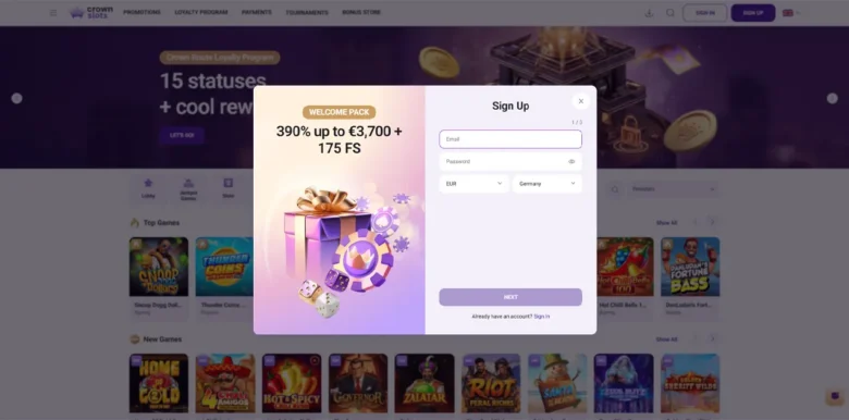 CrownSlots Casino sign up page