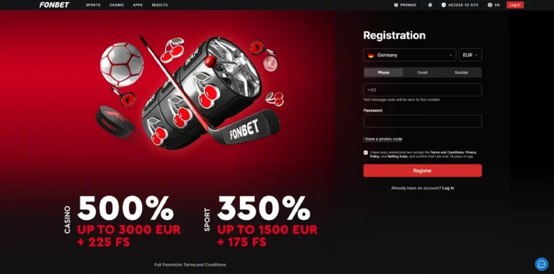 Fonbet Casino sign up page