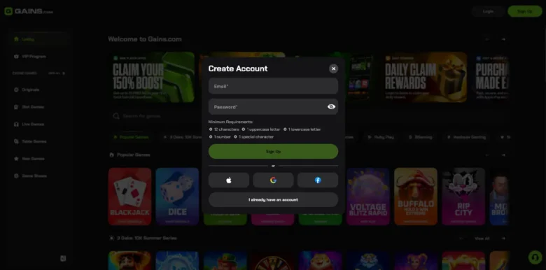 Gains Social Casino sign up page