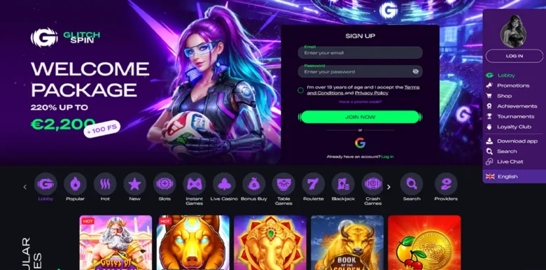 GlitchSpin Casino main webpage