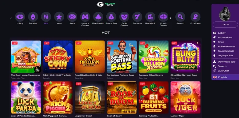 GlitchSpin Casino slots page