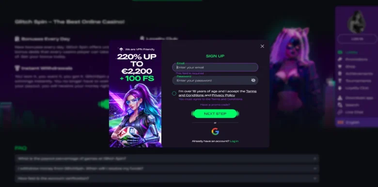 GlitchSpin Casino sign up page