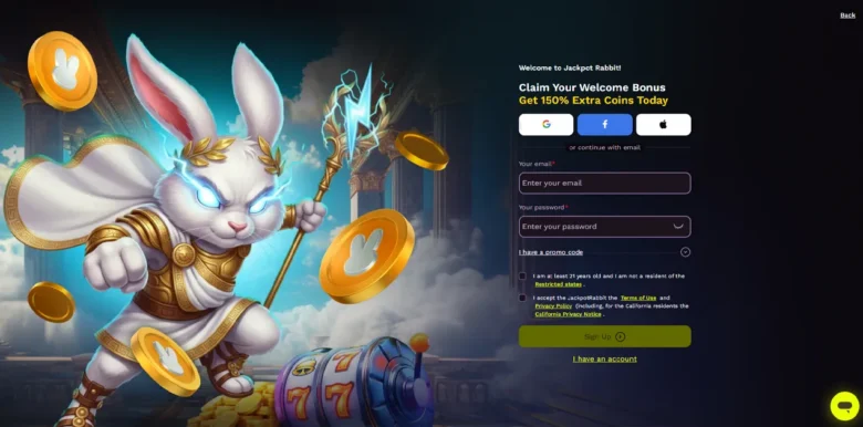 Jackpot Rabbit Social Casino sign up page