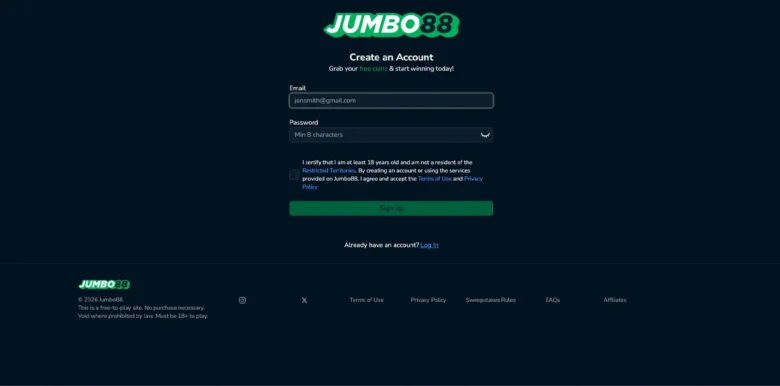 Jumbo88 Social Casino sign up page