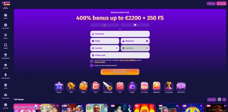 LollySpins Casino main webpage