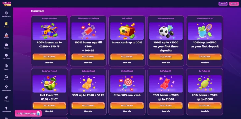 LollySpins Casino promotions page