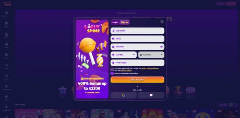LollySpins Casino sign up page