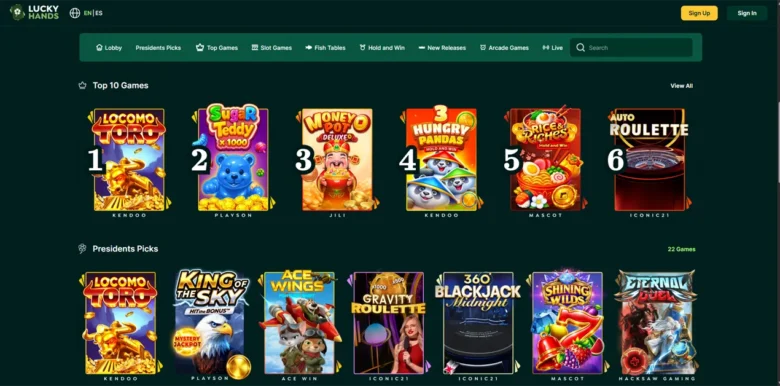 Lucky Hands Social Casino games page