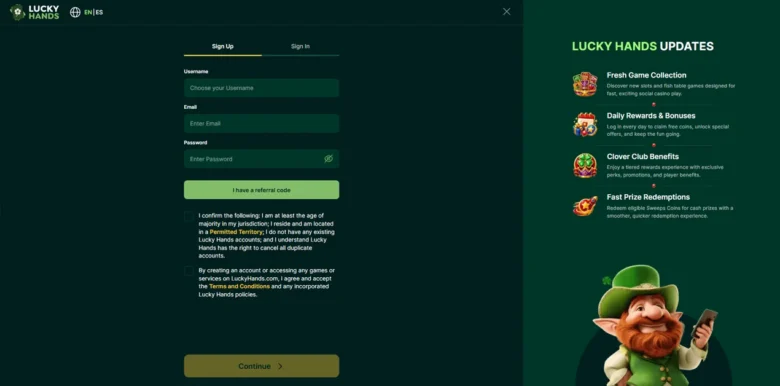 Lucky Hands Social Casino sign up page
