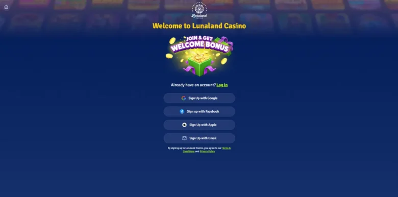 LunaLand Social Casino sign up page