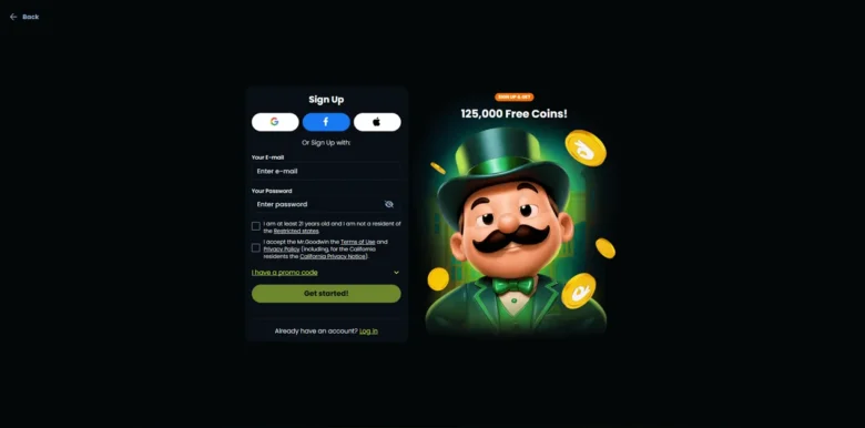 Mr. Goodwin Social Casino sign up page
