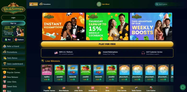 Rich Sweeps Social Casino main webpage