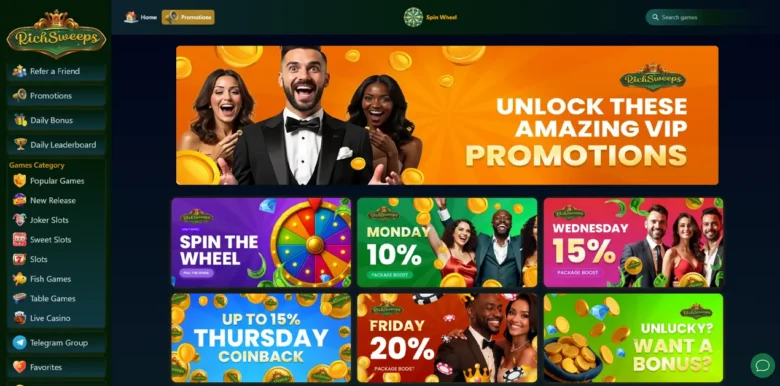 Rich Sweeps Social Casino promotions page