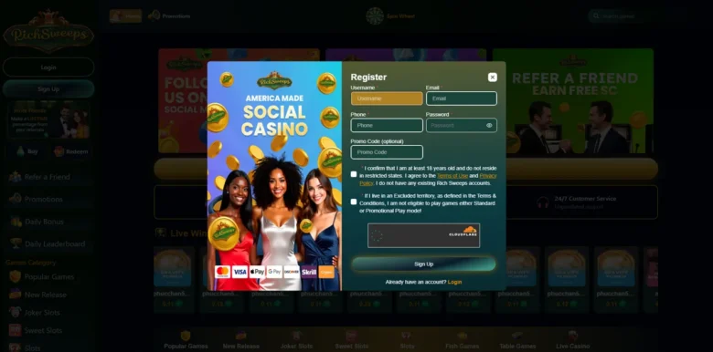 Rich Sweeps Social Casino sign up page