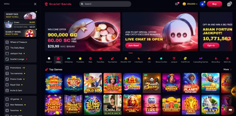 Scarlet Sands Social Casino main webpage