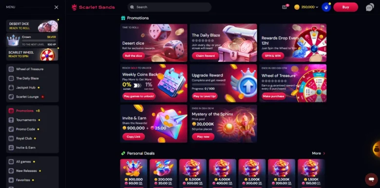 Scarlet Sands Social Casino promotions page