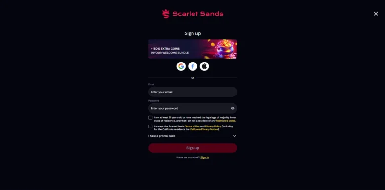 Scarlet Sands Social Casino sign up page