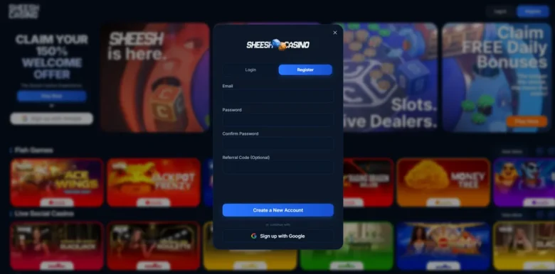 Sheesh Social Casino sign up page