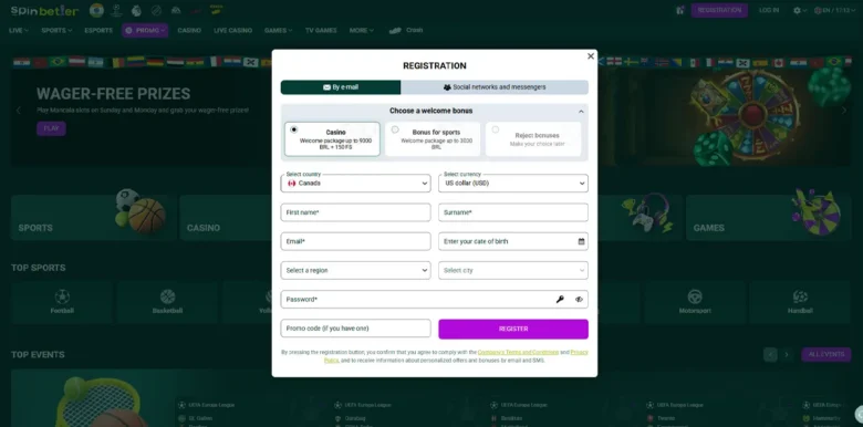 SpinBetter Casino sign up page