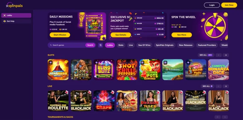Spinpals Social Casino main webpage