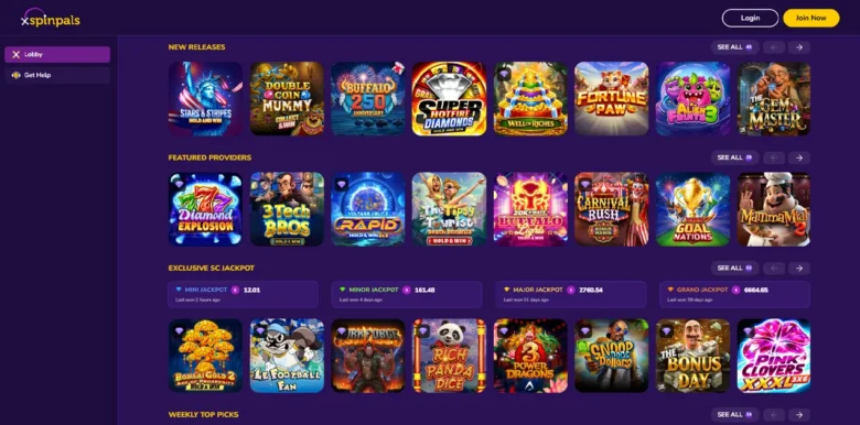 Spinpals Social Casino games list