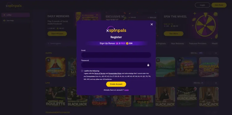 Spinpals Social Casino sign up page