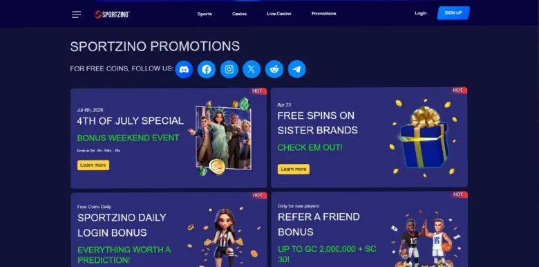 Sportzino Social Casino promotions page