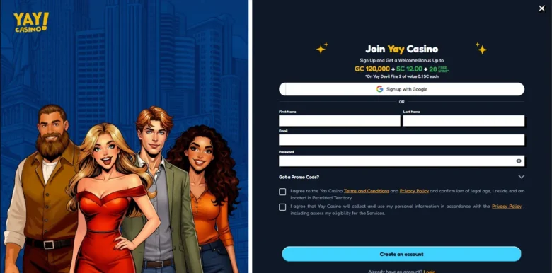 Yay Social Casino sign up page