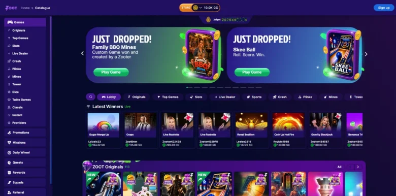 Zoot Social Casino main webpage