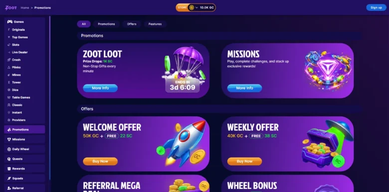 Zoot Social Casino promotions page